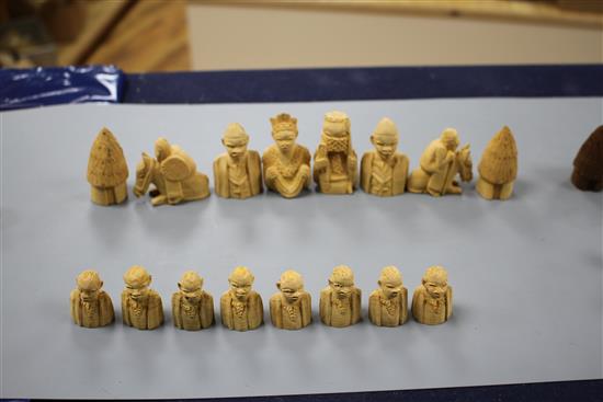 An East African carved wood chess set, kings 5cm, in carved hardwood box, possibly from The Cameroon